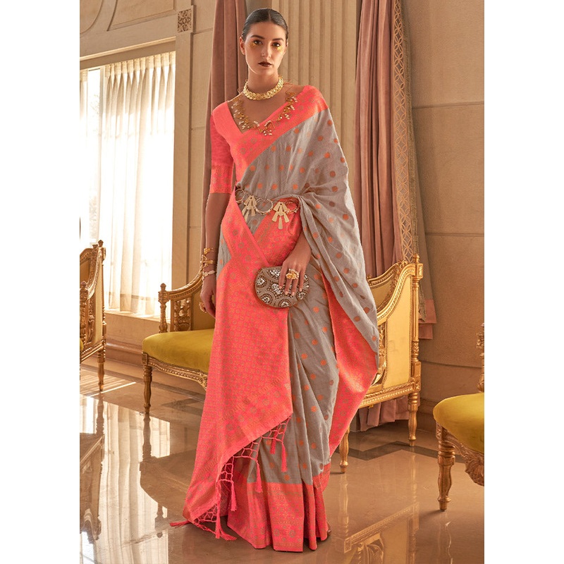 Grey Spun Silk Saree With Blouse Piece - JD986587049