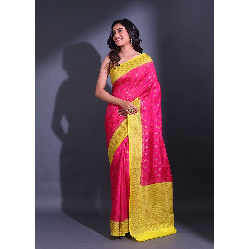 Hot Pink Spun Silk Saree With Blouse Piece - JD986587016