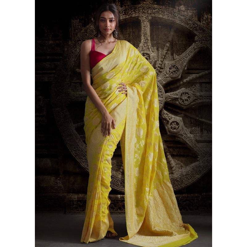 Lemon Chiffon Pure Silk Saree With Blouse Piece - JD986587000