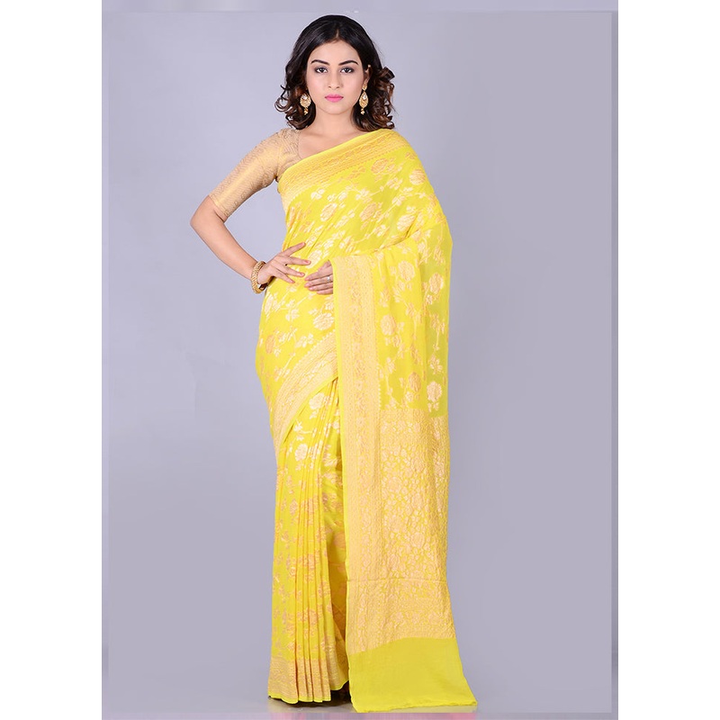 Lemon Chiffon Pure Silk Saree With Blouse Piece - JD986587001