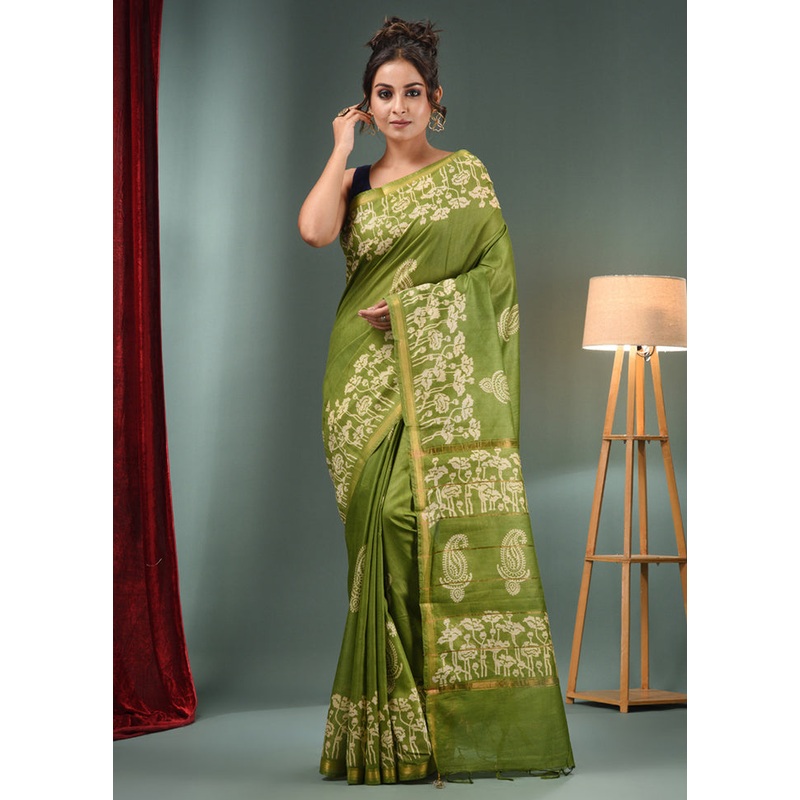 Light Green Dupion Silk Saree With Blouse Piece - JD986586988