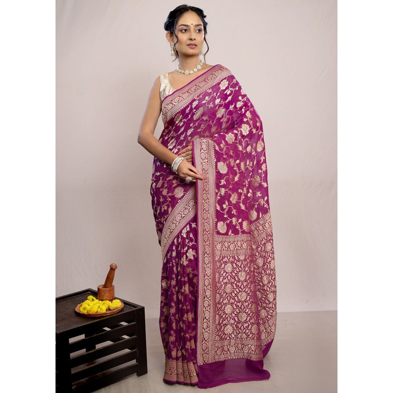 Magenta Chiffon Pure Silk Saree With Blouse Piece - JD986586947