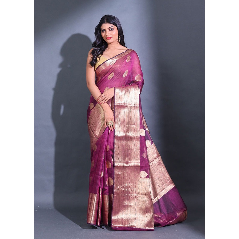 Magenta Spun Silk Saree With Blouse Piece - JD986586912