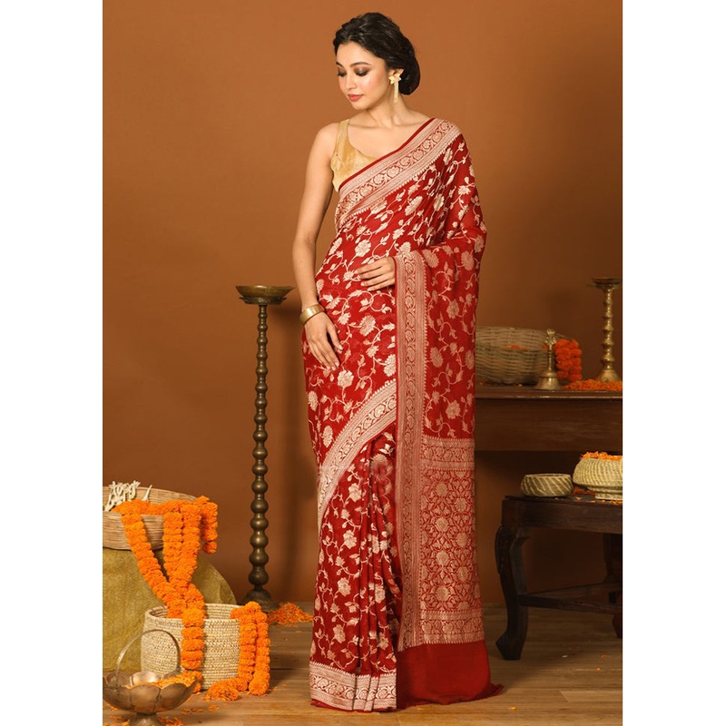 Maroon Chiffon Pure Silk Saree With Blouse Piece - JD986586907