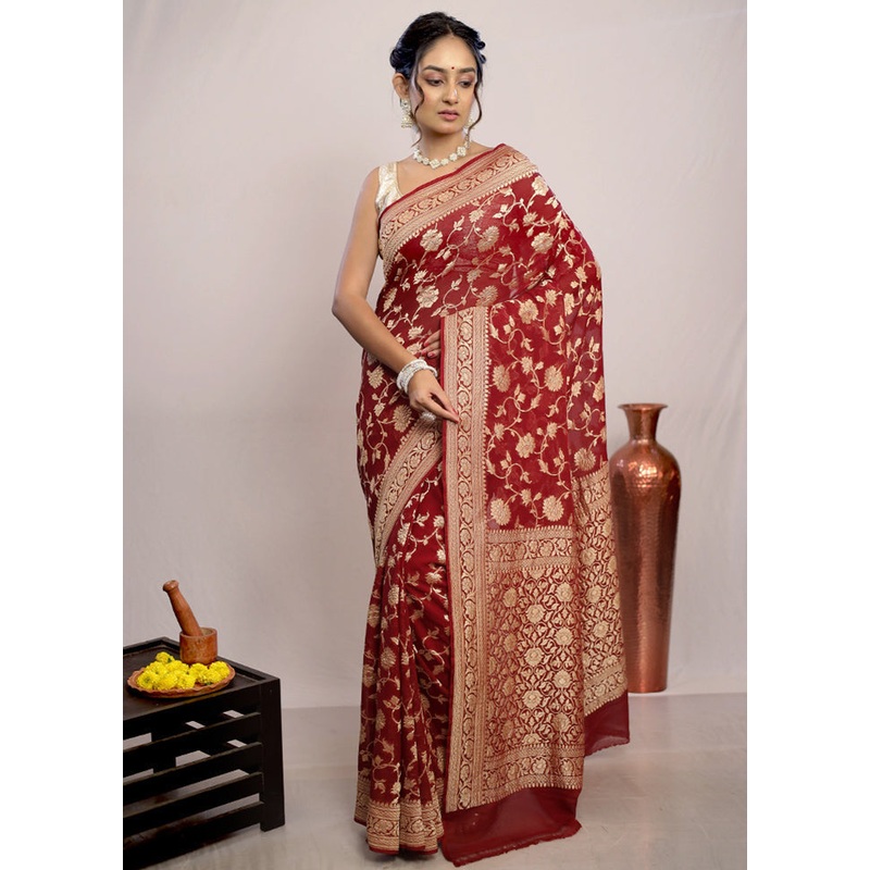 Maroon Chiffon Pure Silk Saree With Blouse Piece - JD986586908