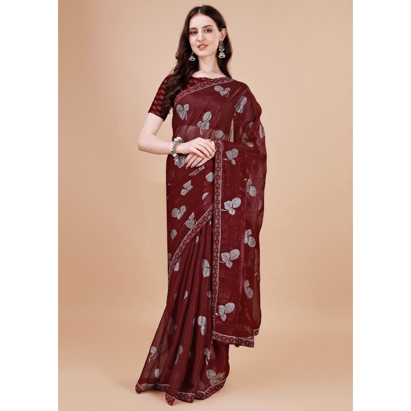 Maroon Chiffon Silk Saree With Blouse Piece - JD986586905