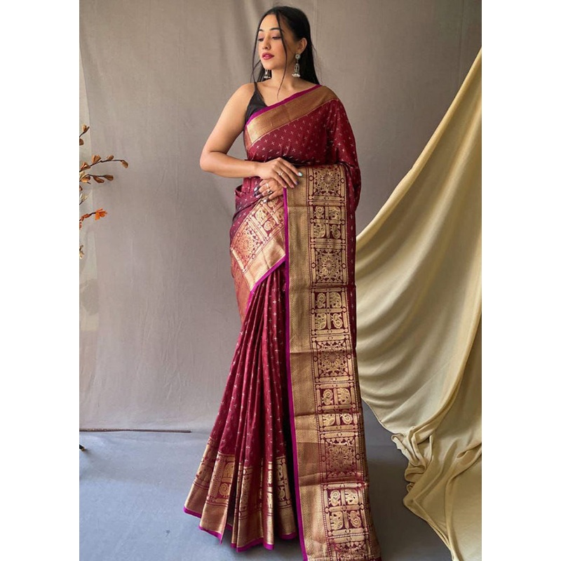 Maroon Dupion Silk Saree With Blouse Piece - JD986586897