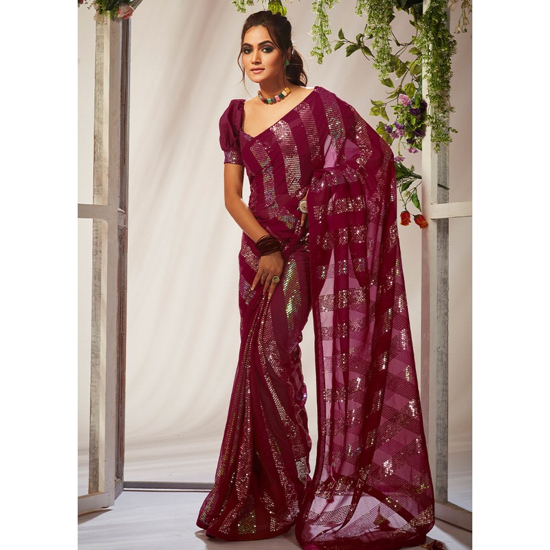 Maroon Georgette Saree With Blouse Piece - JD986586889