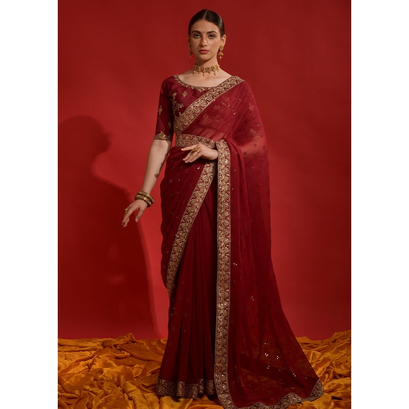 Maroon Georgette Saree With Blouse Piece - JD986586894