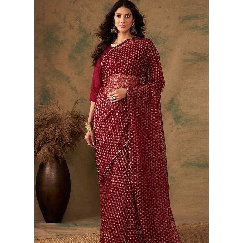 Maroon Organza Saree With Blouse Piece - JD986586883