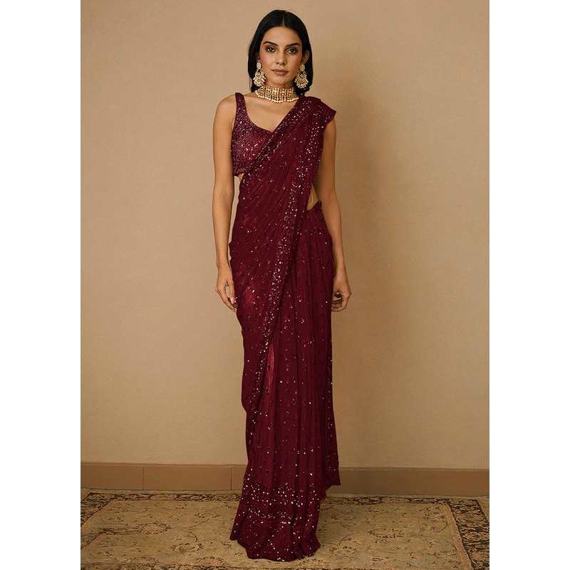Maroon Organza Saree With Blouse Piece - JD986586884