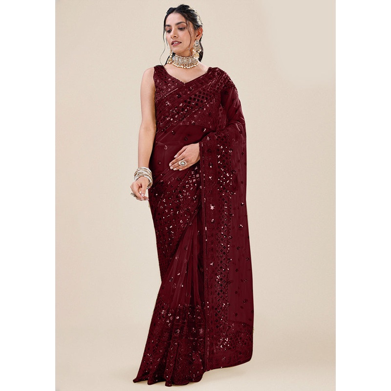 Maroon Organza Saree With Blouse Piece - JD986586885