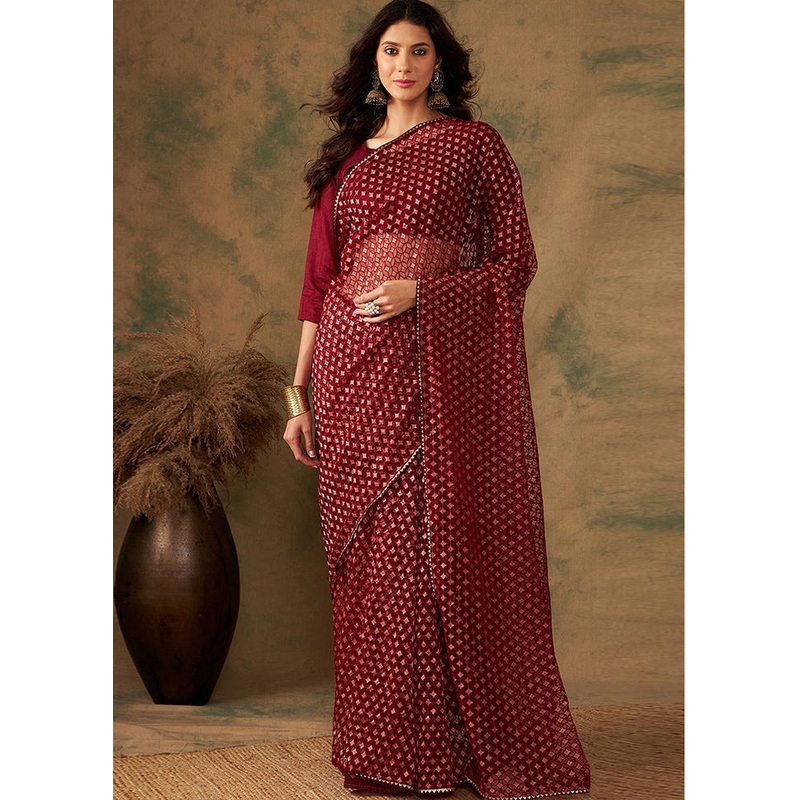 Maroon Organza Saree With Blouse Piece - JD986586886