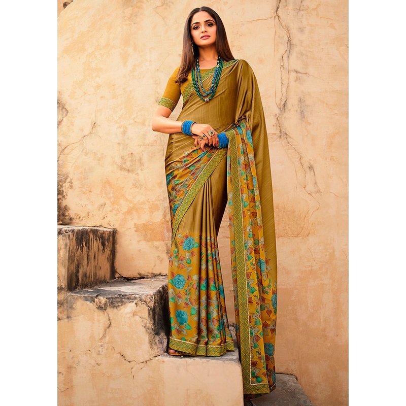 Mehendi Chiffon Silk Saree With Blouse Piece - JD986586854