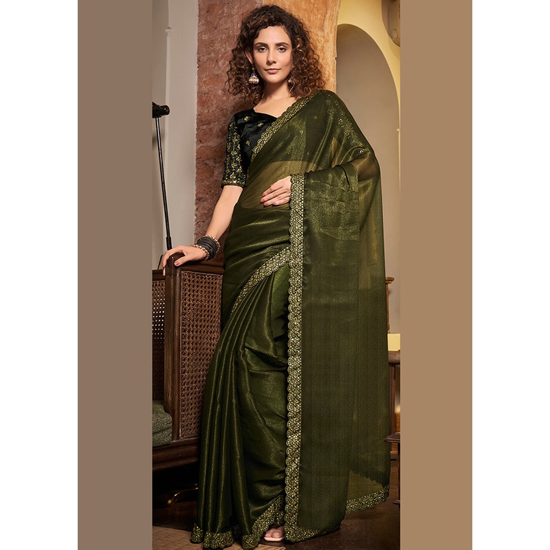 Mehendi Tissue Silk Saree With Blouse Piece - JD986586853