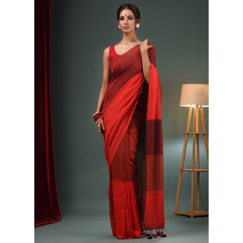Red Pure Cotton Saree With Blouse Piece - JD986586877