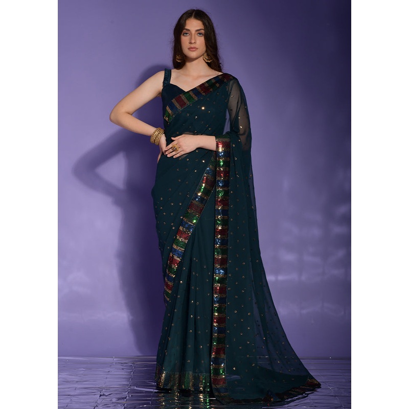 Green Georgette Saree With Blouse Piece - JD986586675
