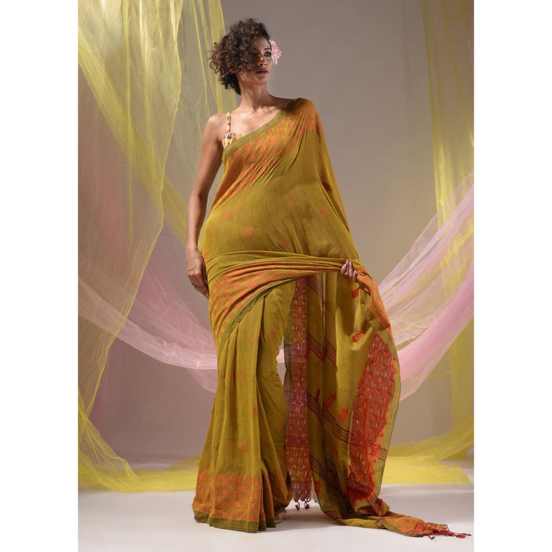Green Pure Cotton Saree With Blouse Piece - JD986586784
