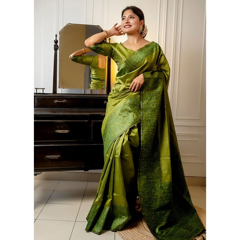 Mehendi Spun Silk Saree With Blouse Piece - JD986586848