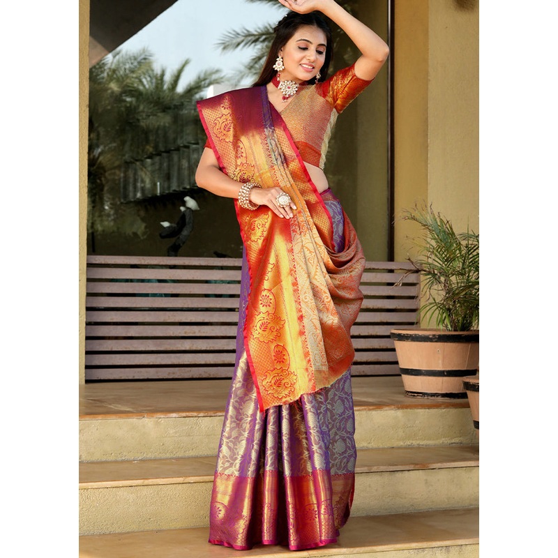 Multicolor Dupion Silk Saree With Blouse Piece - JD986586827
