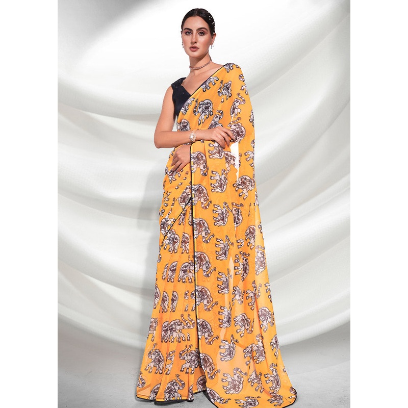 Mustard Chiffon Silk Saree With Blouse Piece - JD986586810