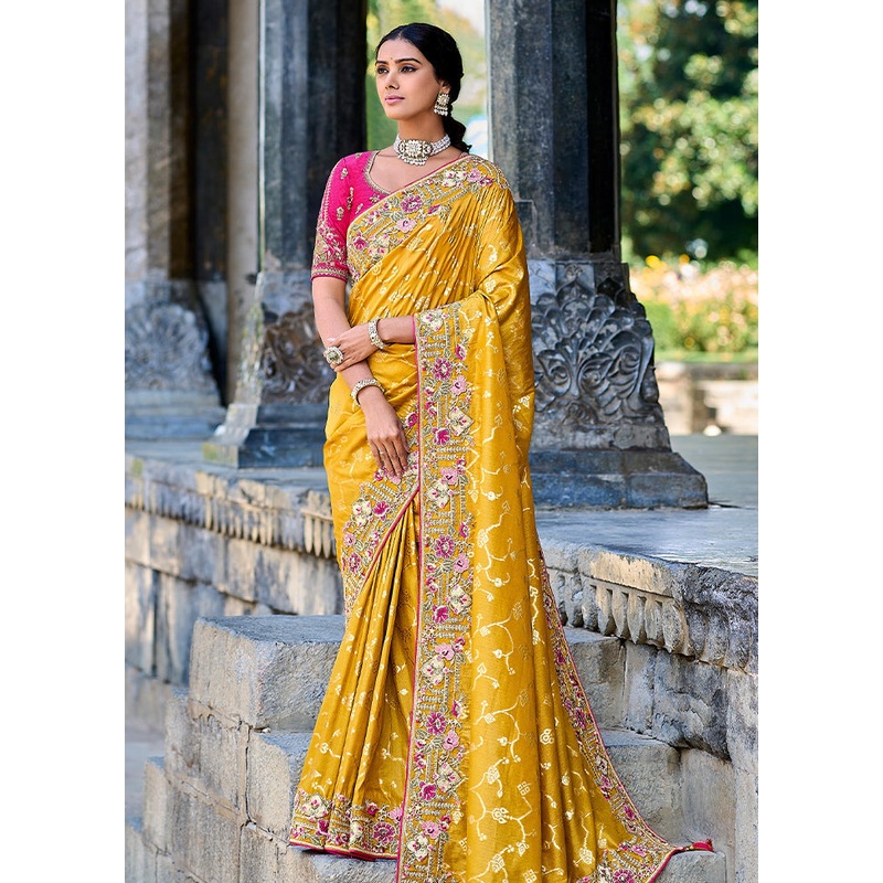 Mustard Dupion Silk Saree With Blouse Piece - JD986586801