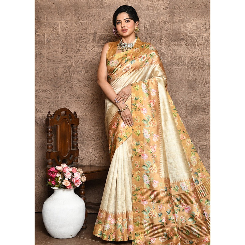 Mustard Dupion Silk Saree With Blouse Piece - JD986586803