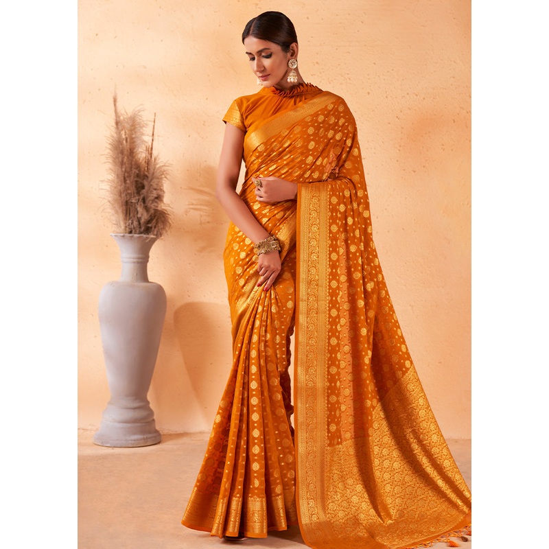 Mustard Georgette Saree With Blouse Piece - JD986586797