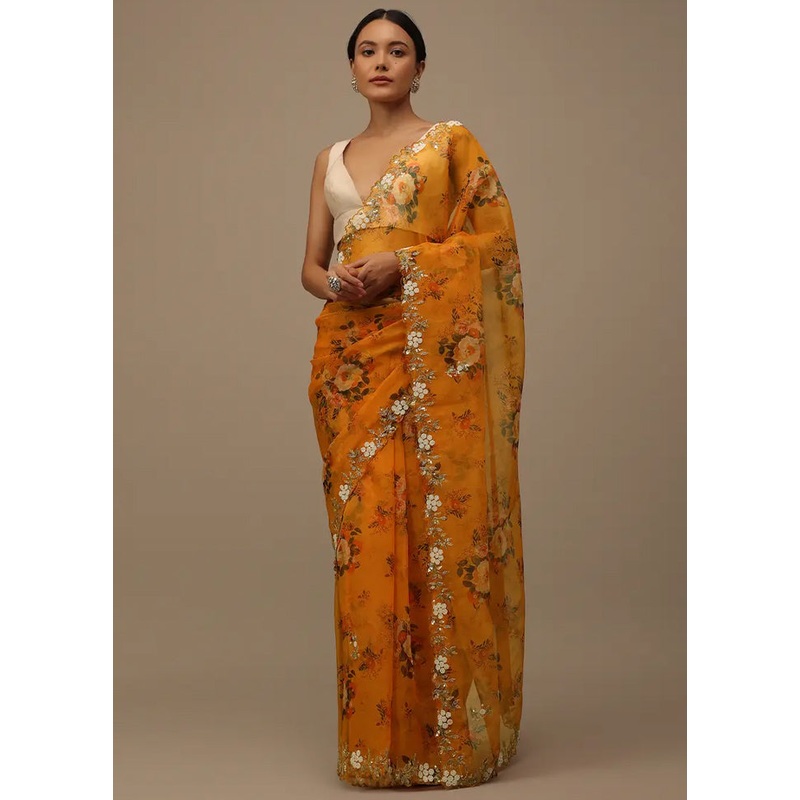 Mustard Organza Saree With Blouse Piece - JD986586791