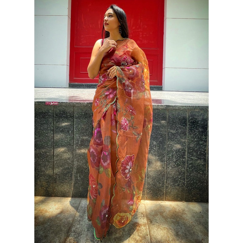 Mustard Organza Saree With Blouse Piece - JD986586793