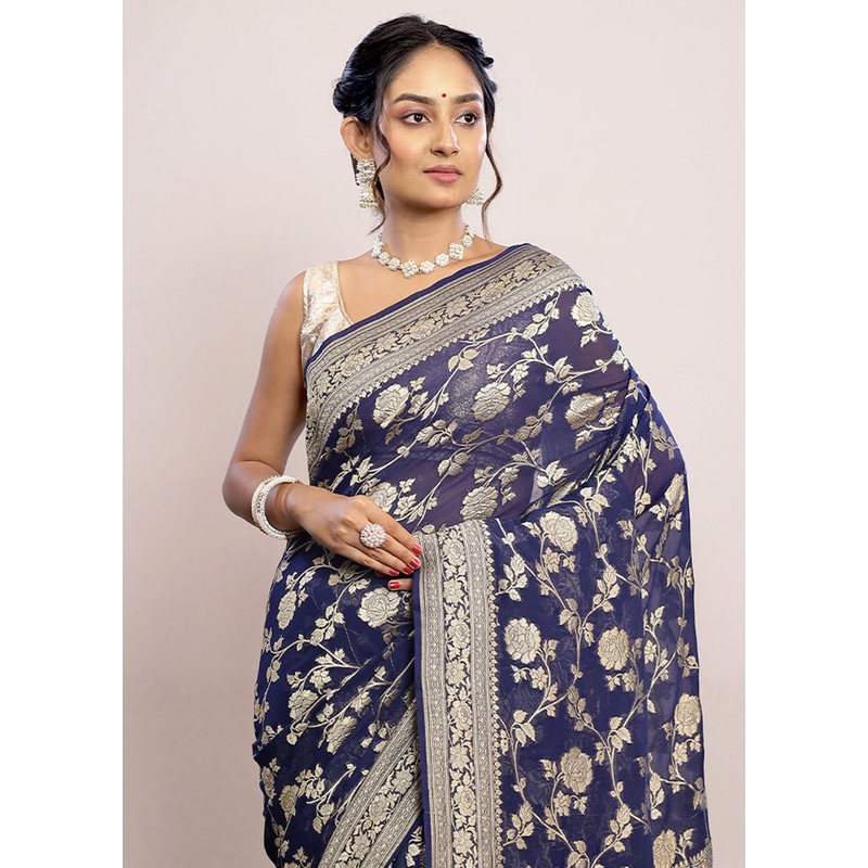 Navy Blue Chiffon Pure Silk Saree With Blouse Piece - JD986586771
