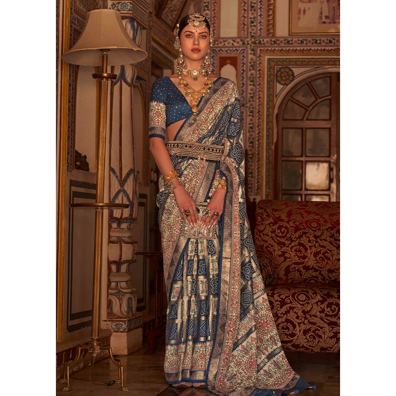 Navy Blue Dupion Silk Saree With Blouse Piece - JD986586762