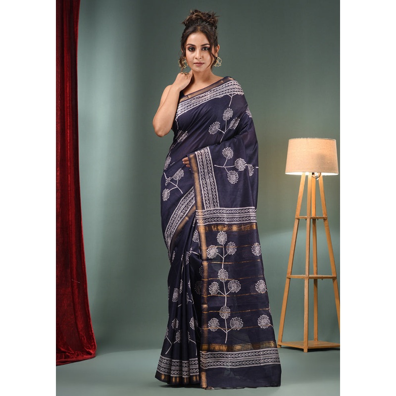 Navy Blue Dupion Silk Saree With Blouse Piece - JD986586764