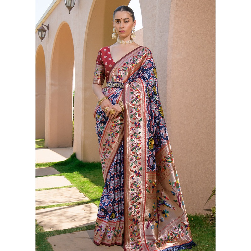 Navy Blue Dupion Silk Saree With Blouse Piece - JD986586765