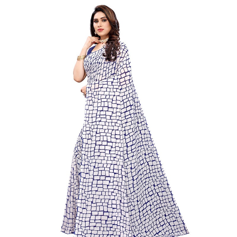 Navy Blue Georgette Saree With Blouse Piece - JD986586759