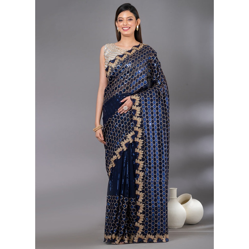 Navy Blue Georgette Saree With Blouse Piece - JD986586760