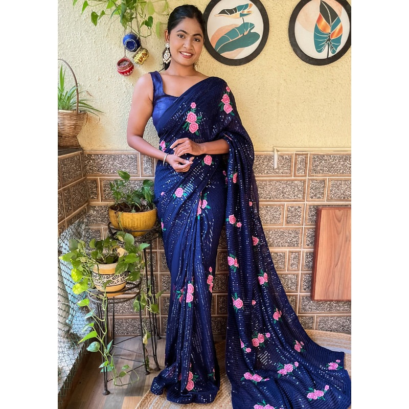 Navy Blue Georgette Saree With Blouse Piece - JD986586761