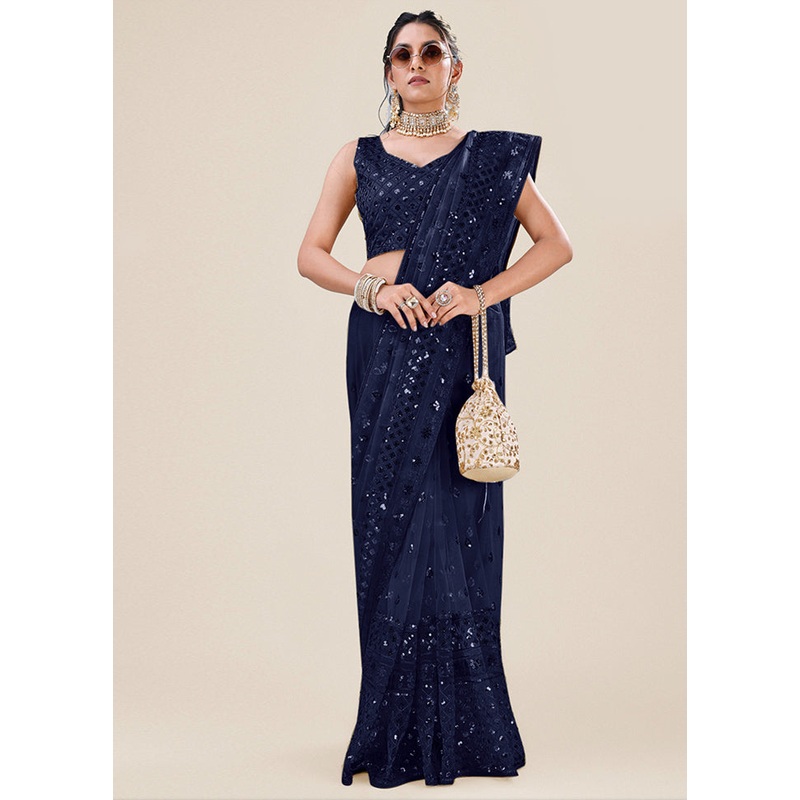 Navy Blue Organza Saree With Blouse Piece - JD986586757
