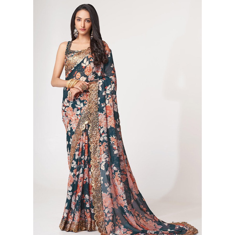 Navy Blue Organza Saree With Blouse Piece - JD986586758