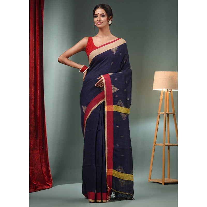 Navy Blue Pure Silk Saree With Blouse Piece - JD986586738