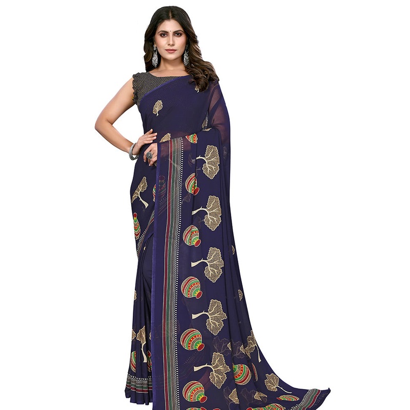 Navy Blue Silk Saree With Blouse Piece - JD986586737