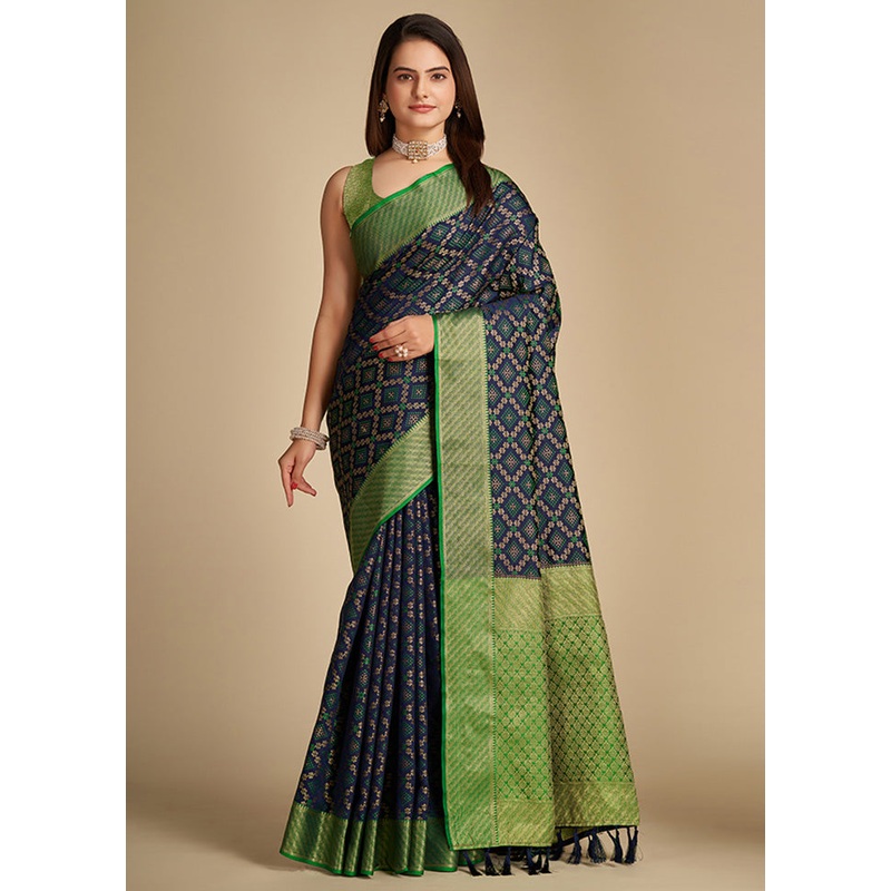 Navy Blue Spun Silk Saree With Blouse Piece - JD986586731