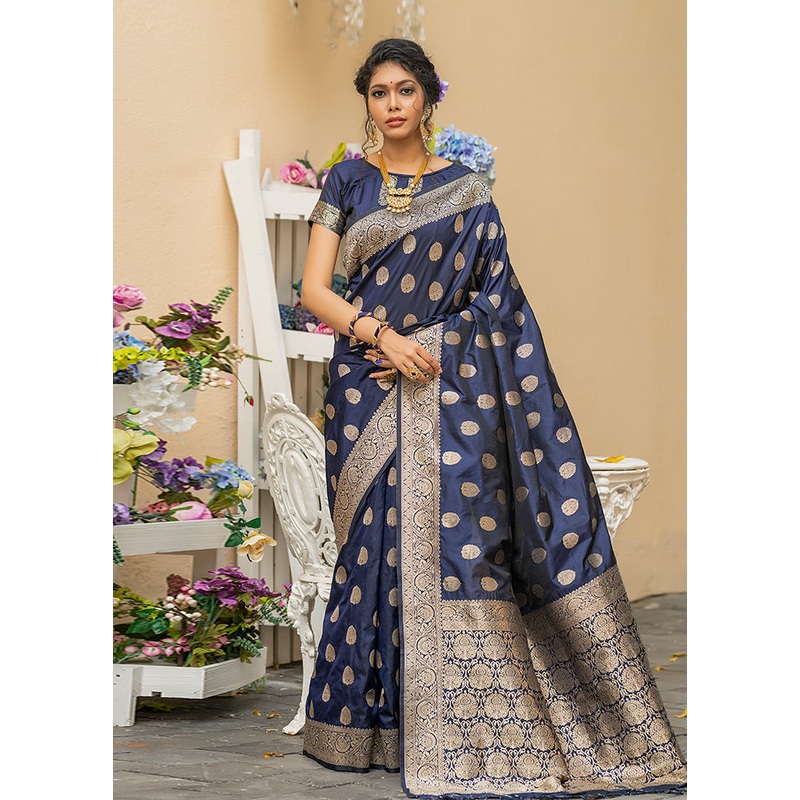 Navy Blue Spun Silk Saree With Blouse Piece - JD986586732