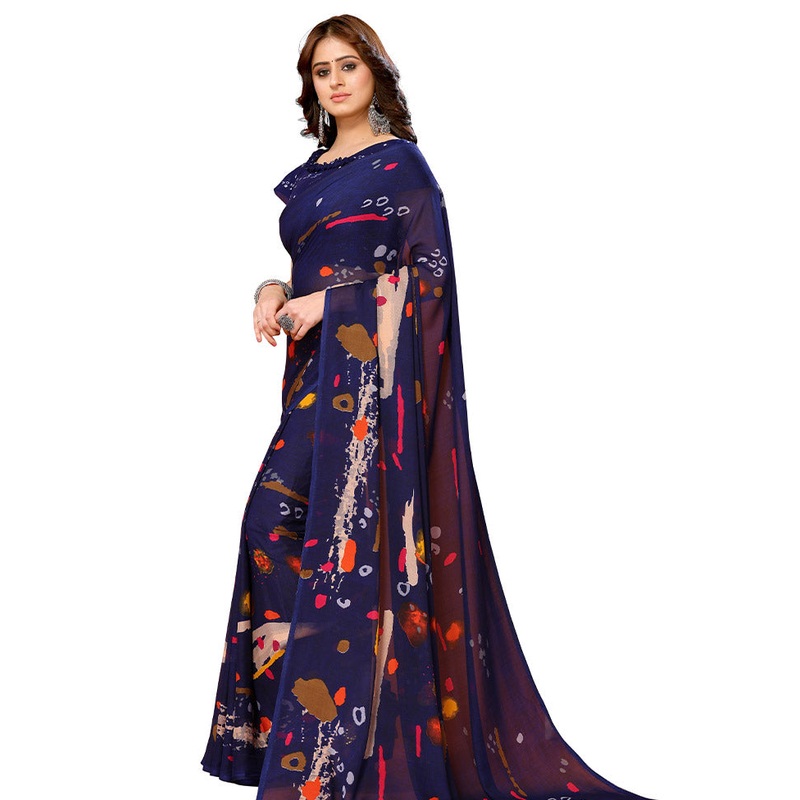 Navy Blue Spun Silk Saree With Blouse Piece - JD986586733