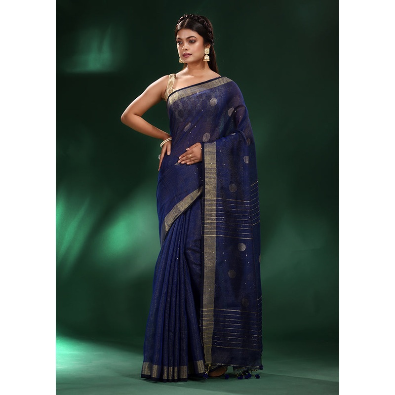 Navy Blue Spun Silk Saree With Blouse Piece - JD986586734