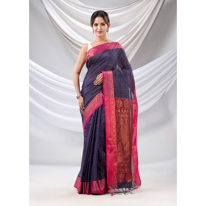 Navy Blue Spun Silk Saree With Blouse Piece - JD986586735