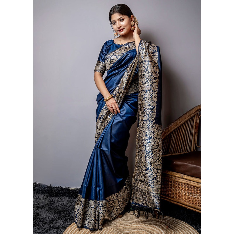 Navy Blue Spun Silk Saree With Blouse Piece - JD986586736