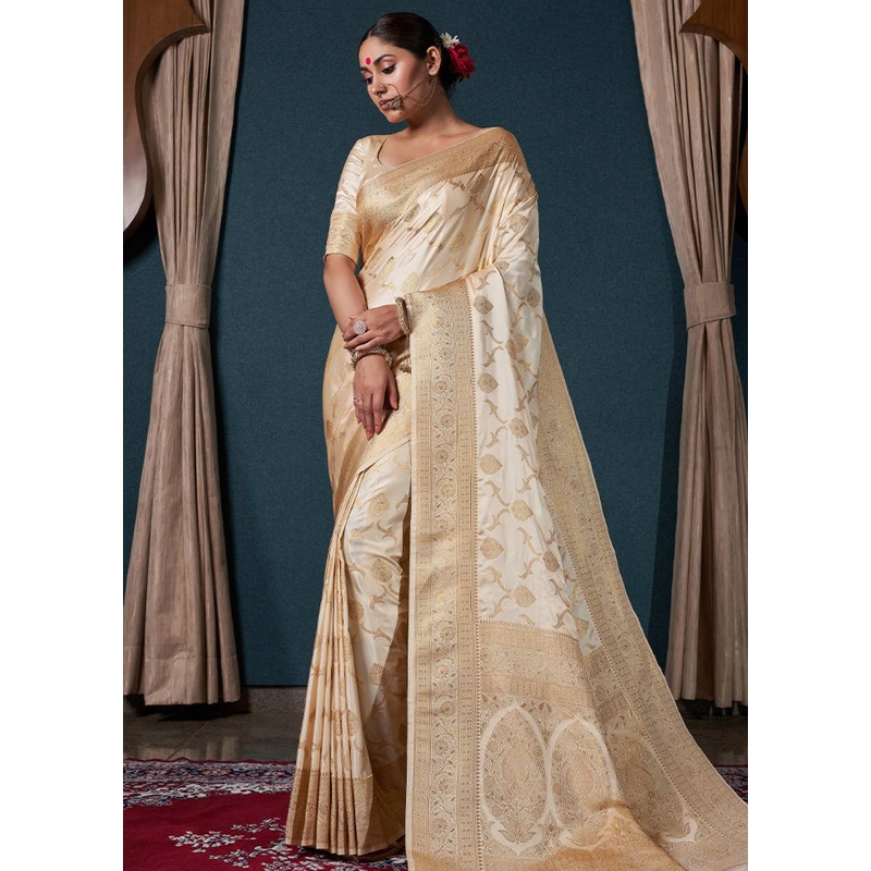 Off White Dupion Silk Saree With Blouse Piece - JD986586725
