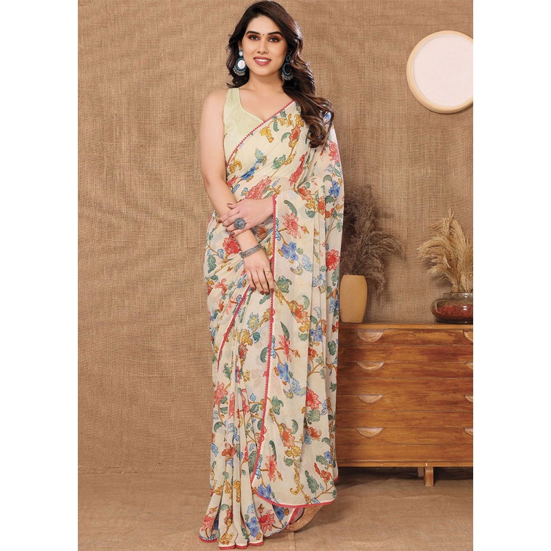 Off White Georgette Saree With Blouse Piece - JD986586721