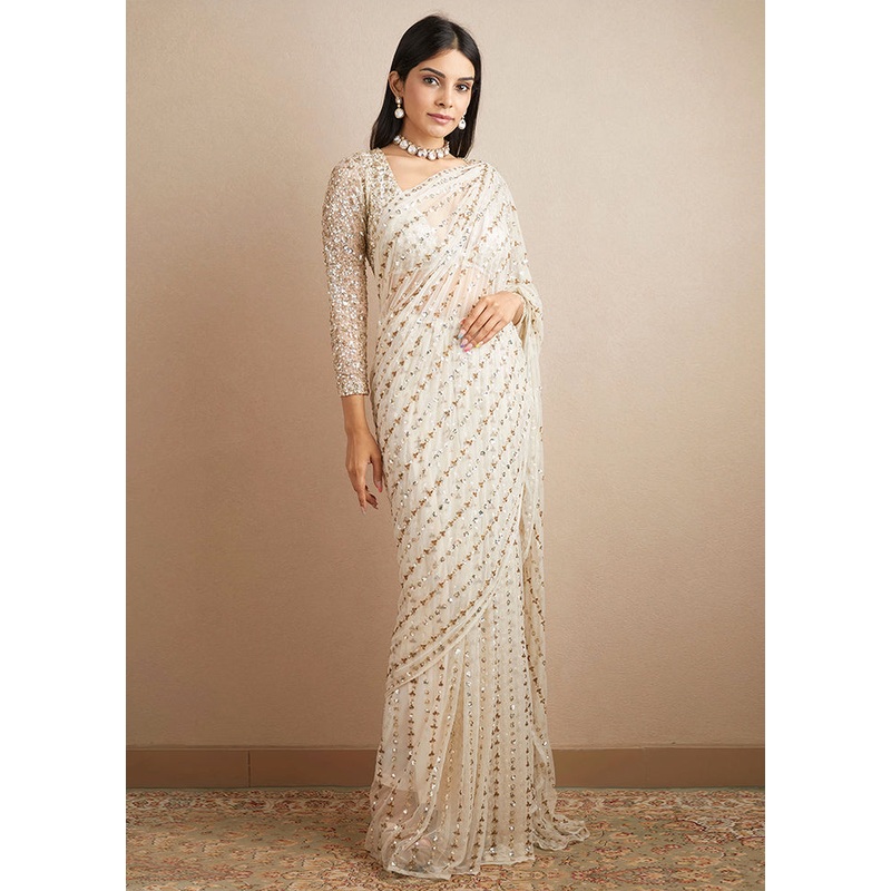 Off White Organza Saree With Blouse Piece - JD986586720